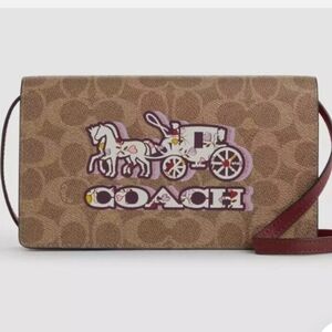 Coach Anna Foldover Clutch Crossbody Bag Signature Canvas Horse & Carriage